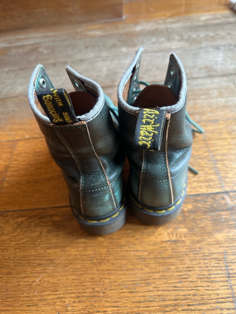 Dr. Martens Dark Green Leather Lace-Up Boots with Yellow Stitching - Picture 2 of 5